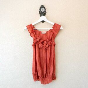 Edge S Rust Boho Blouse Floral Applique Ruffle Sleeveless Peasant Top Smocked